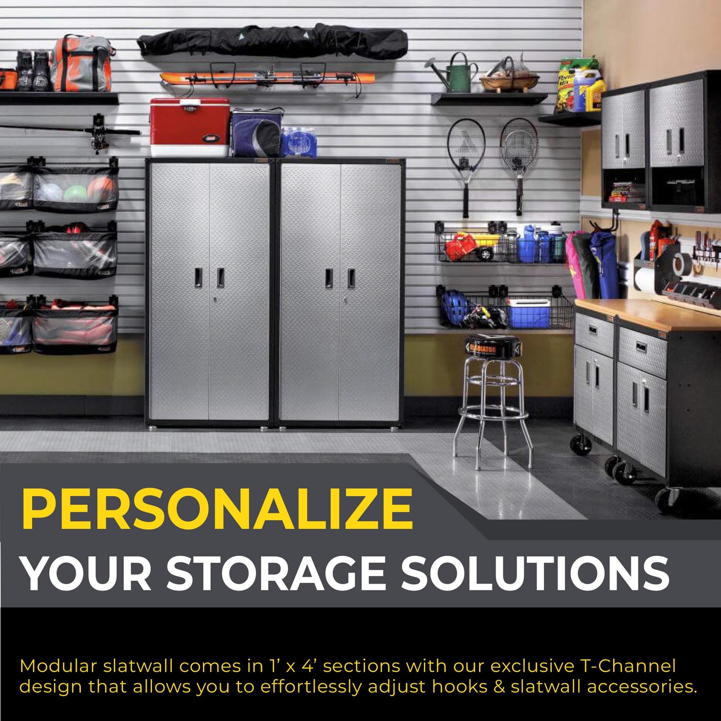 Heavy Duty 4'H X 4'W PVC Garage SlatWall Storage System (with Endcaps & Screws) - Modular Slat Wall Paneling for Garage Wall Organizer - Interlocking SlatWall Panels for Home & Commercial Use (Grey)