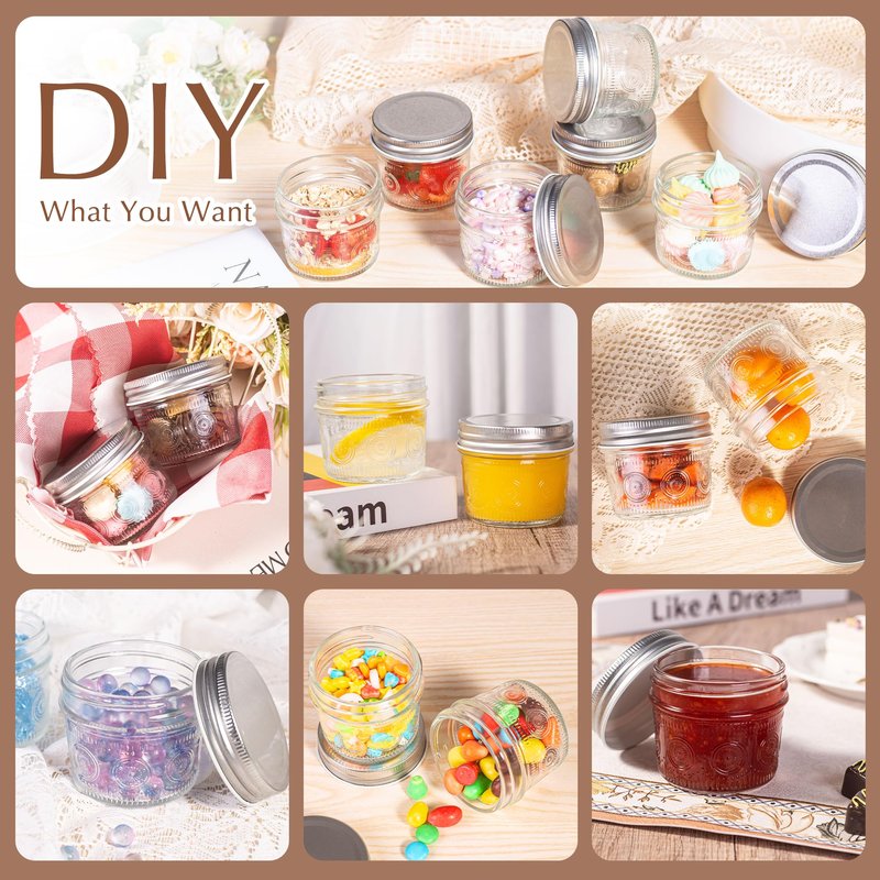 Amzcku 4 oz Glass Mason Jars with Regular Mouth Lids - 24-Pack Glass Canning Jars for Storage, Overnight Oats, Jam, Jelly, Honey, Beans, Spices, Wedding Favors, Shower Favors