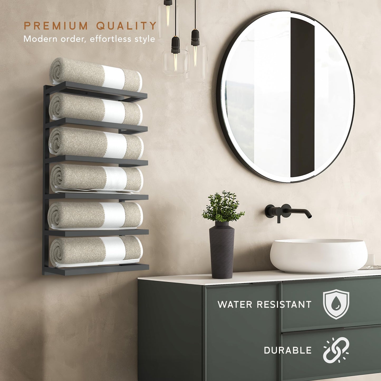 Wita Home Modern 5-Tier/6-Tier Towel Rack - Wall-Mounted Black Metal Towel Shelf for Bathroom, Space-Saving Storage for Towels, Organizers, and Home Decor (6-Tier)