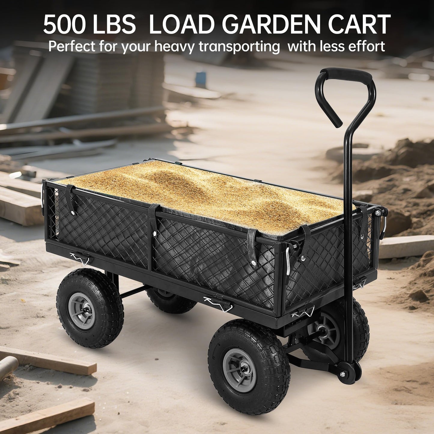 Steel Garden Cart, 500 Lbs Heavy-Duty Garden Wagon Cart Pullable on Wheels,Metal Yard Utility Wagon Carts with Removable Cart Liner, Black