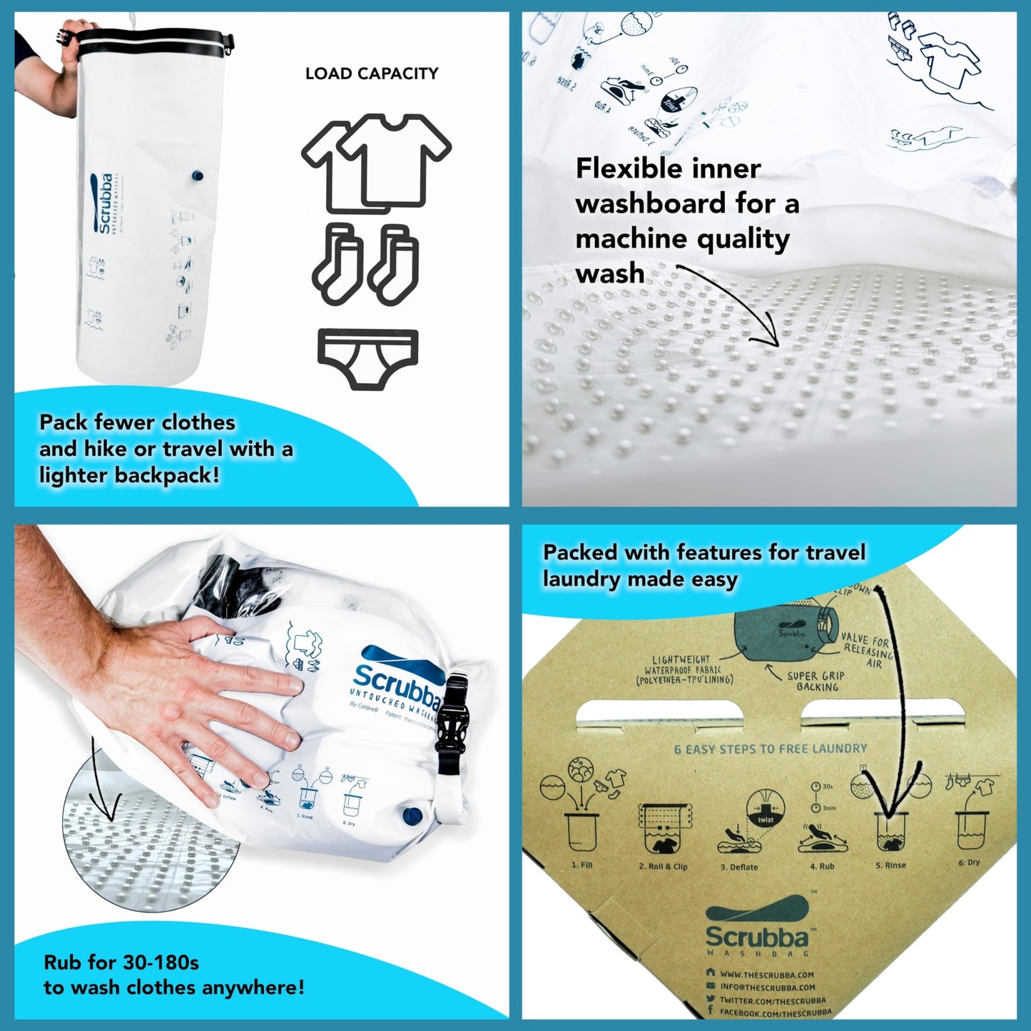 Scrubba UNTOUCHED Wash Bag & Dry Kit - Portable Washing Machine System with XL Towel, Pegless Clothesline & Hangers - Lightweight Eco-Friendly Travel Laundry Kit for Camping, Hiking & RV