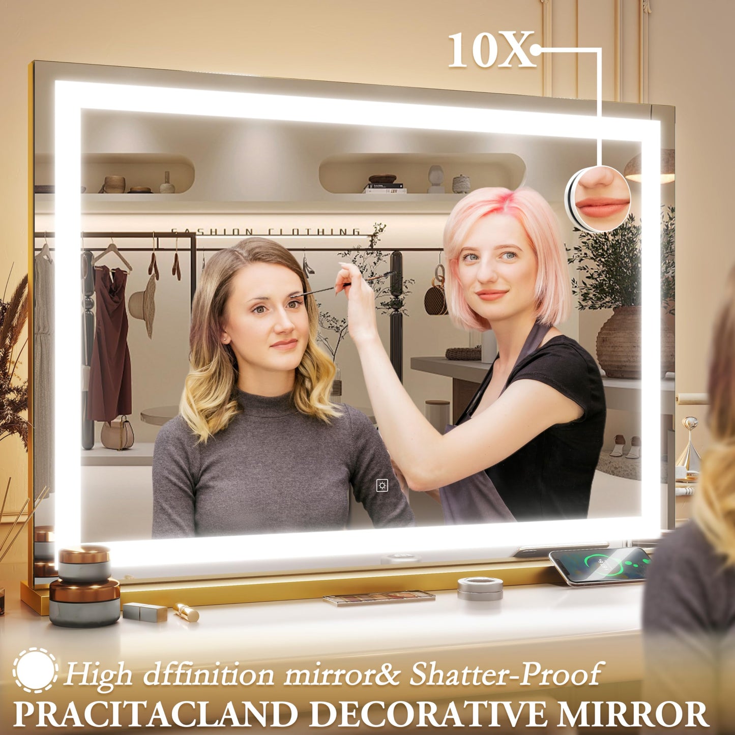 ROLOVE Vanity Mirror with Lights, 32" x 22" Large Lighted Vanity Mirror with Dimmable 3 Modes, LED Makeup Mirror, 10X Magnification, USB Charging Port, Tabletop or Wall-Mounted Square Gold