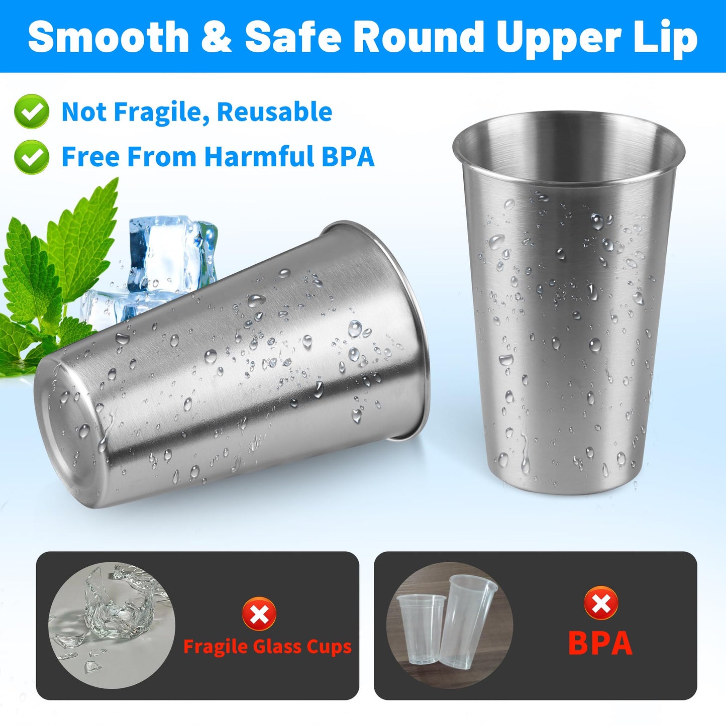 HAMILADUO 150Pack 16 oz Stainless Steel Pint Cups,Stainless Steel Cup,Pint Cup Tumbler，water Tumbler,Stackable,Reusable,BPA Free, (150)