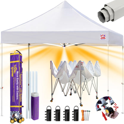 Tradesparker 10x10 Pop Up Canopy Tent,Commercial Movable Canopy with ApexCore LED&Rugged Casters-Instant Easy Setup Shelter Canopies with Weight Bags&Stakes for Outdoor Events Markets Vendors,White