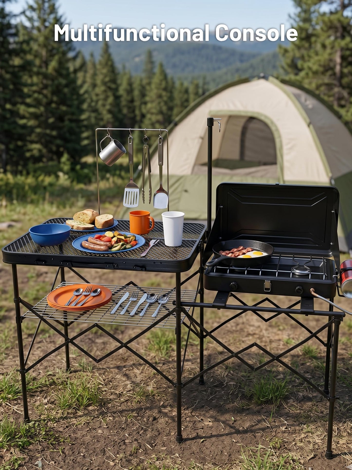 TIMBER RIDGE Portable Camping Kitchen Station, Folding Outdoor Cooking Grill Table with Heat-Resistant Steel Mesh Top & Storage Shelves, Heavy Duty Picnic RV Tailgating BBQ Easy Setup, 110lbs Capacity