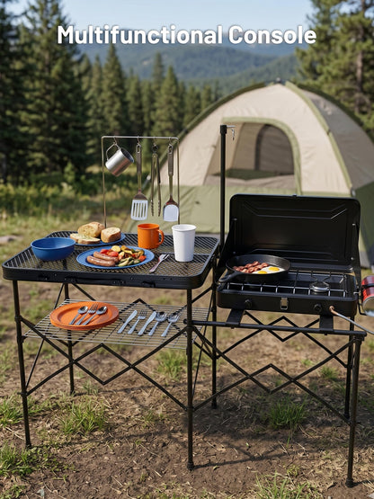 TIMBER RIDGE Portable Camping Kitchen Station, Folding Outdoor Cooking Grill Table with Heat-Resistant Steel Mesh Top & Storage Shelves, Heavy Duty Picnic RV Tailgating BBQ Easy Setup, 110lbs Capacity
