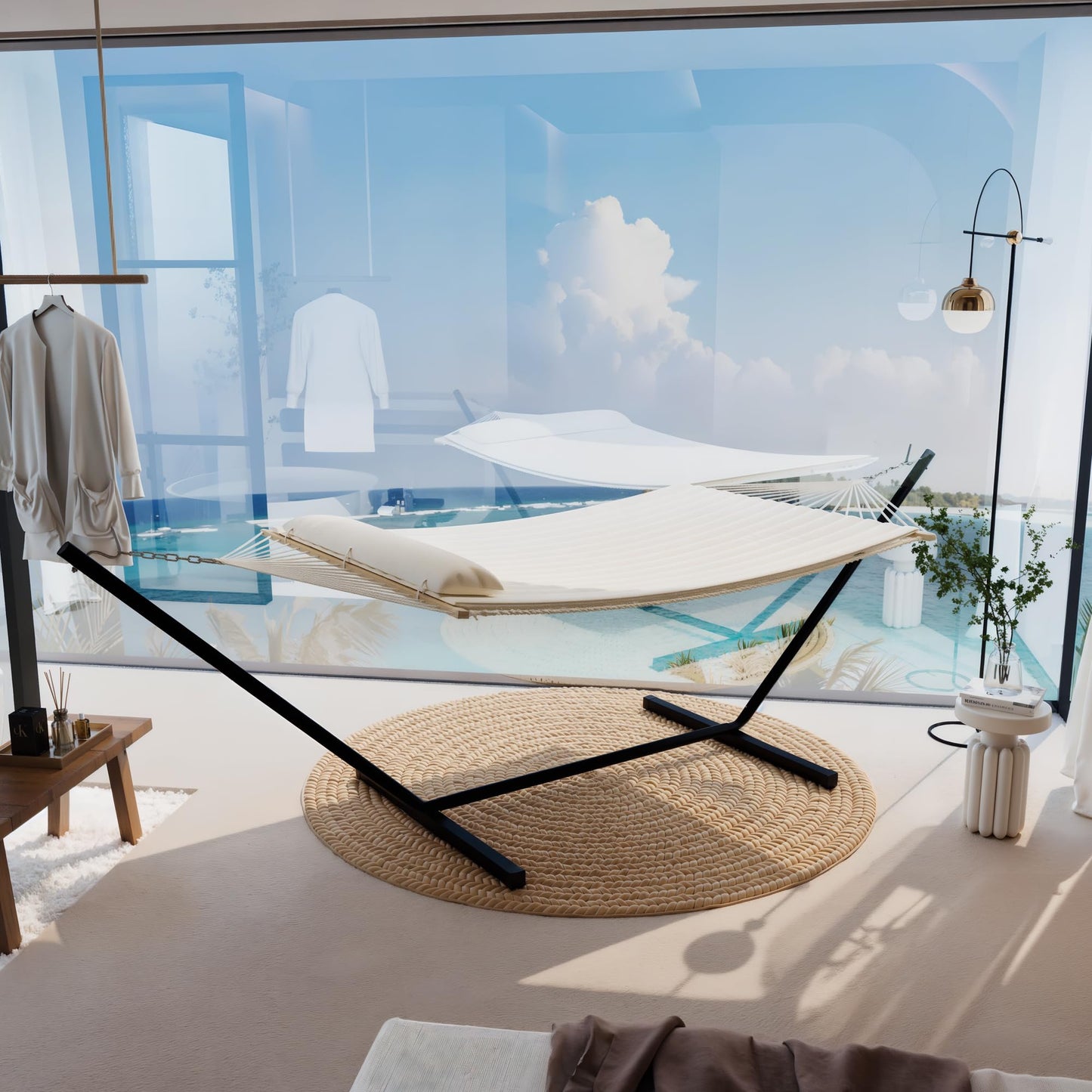 GarveeHome 2 Person Outdoor Hammock with Stand, Portable Hammock, Heavy Duty Hammock with Soft Pillow, Balance Ropes, for Patio, Backyard, Garden, Beach, Beige