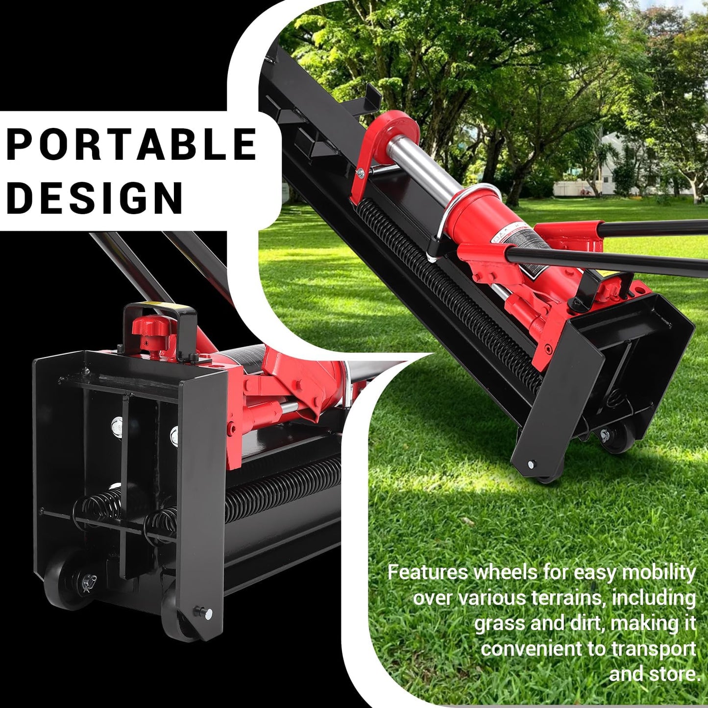 BouPower 12 Ton Hydraulic Manual Log Splitter, Heavy Duty Horizontal Wood Splitter with All-Steel Beam, Portable Firewood Cutter with Built-in Wheels & Spring-Loaded Return, No Gas or Electric Needed