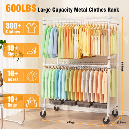 Himimi Double Rods Clothes Rack Heavy Duty,Adjustable Metal Garment Rack with Wheels,Portable Clothing Rack for Hanging Clothes, Closet Rack for Bedroom Laundry Room, 45" W×20.5" D×80.5" H, White
