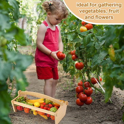 Teenyyou Large Garden Hod Harvest Basket 19 x 11 x 6 Inch, Wooden Gathering Basket with Handle Wire Mesh for Gardening Christmas Gardener Gifts Outdoor Picking Washing Holding Fruits Vegetables