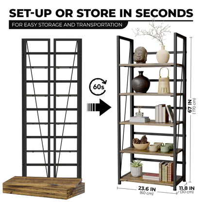 5 Tier Wood Book Shelf Organizer, No Assembly Bookshelf for Bedroom Living Room Office, Rustic Foldable Book Case, Tall Bookshelves, Open Book Shelves, Decorative Folding Shelf Display, Tall Bookcase