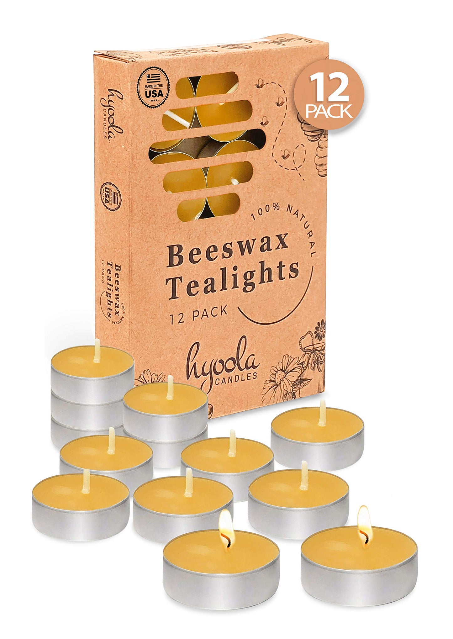 HYOOLA Beeswax Tealight Candles in Aluminum Cup - 12 Pack - 100% Pure Natural Beeswax Candles