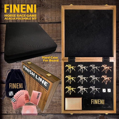 Horse Racing Game for Adults - Foldable Board Game With 11 Luxurious Metal Horses (Gold Silver Black RoseGold) - 22 Acacia Wood Race Game Board Dice &amp RoseGold Card