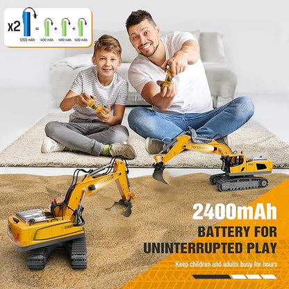 Remote Control Excavator Toy for Boys | 11-Channel Metal Construction Truck with Lights 2×1200mAh Batteries 120-Min Playtime | RC Excavator Toys for Kids Ages 3-12 STEM Gift for Birthday
