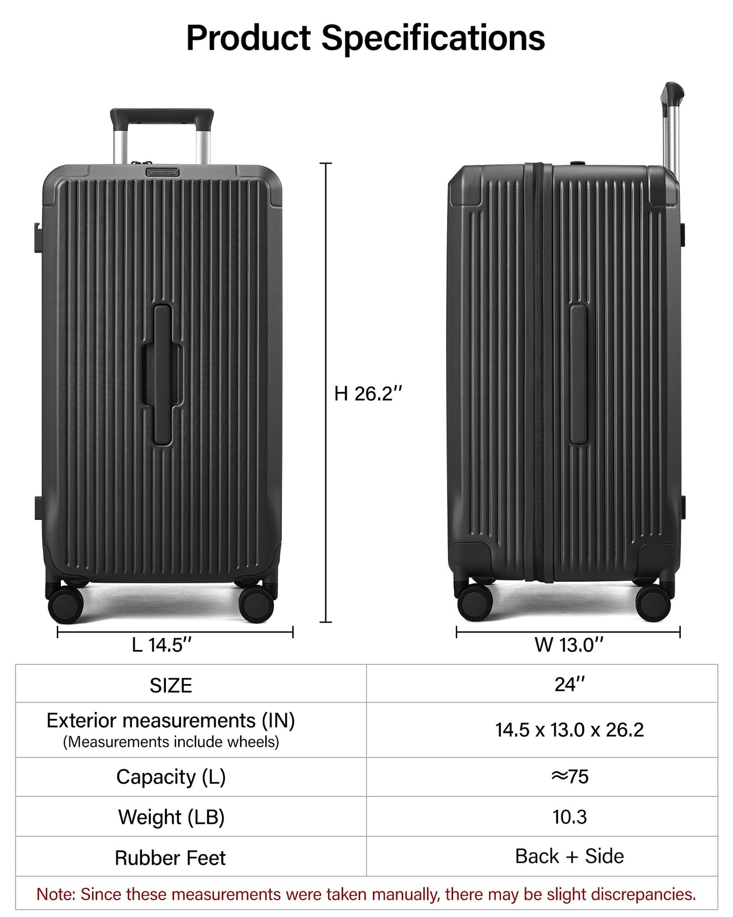 Hanke 24 Inch Checked Luggage, Large Capacity PC Hard shell Suitcase with 4:6 Deep Compartment, Fully Enclosed Interior, Spinner Wheels & TSA Lock for 7-10 day mid-length travel, Jet Black