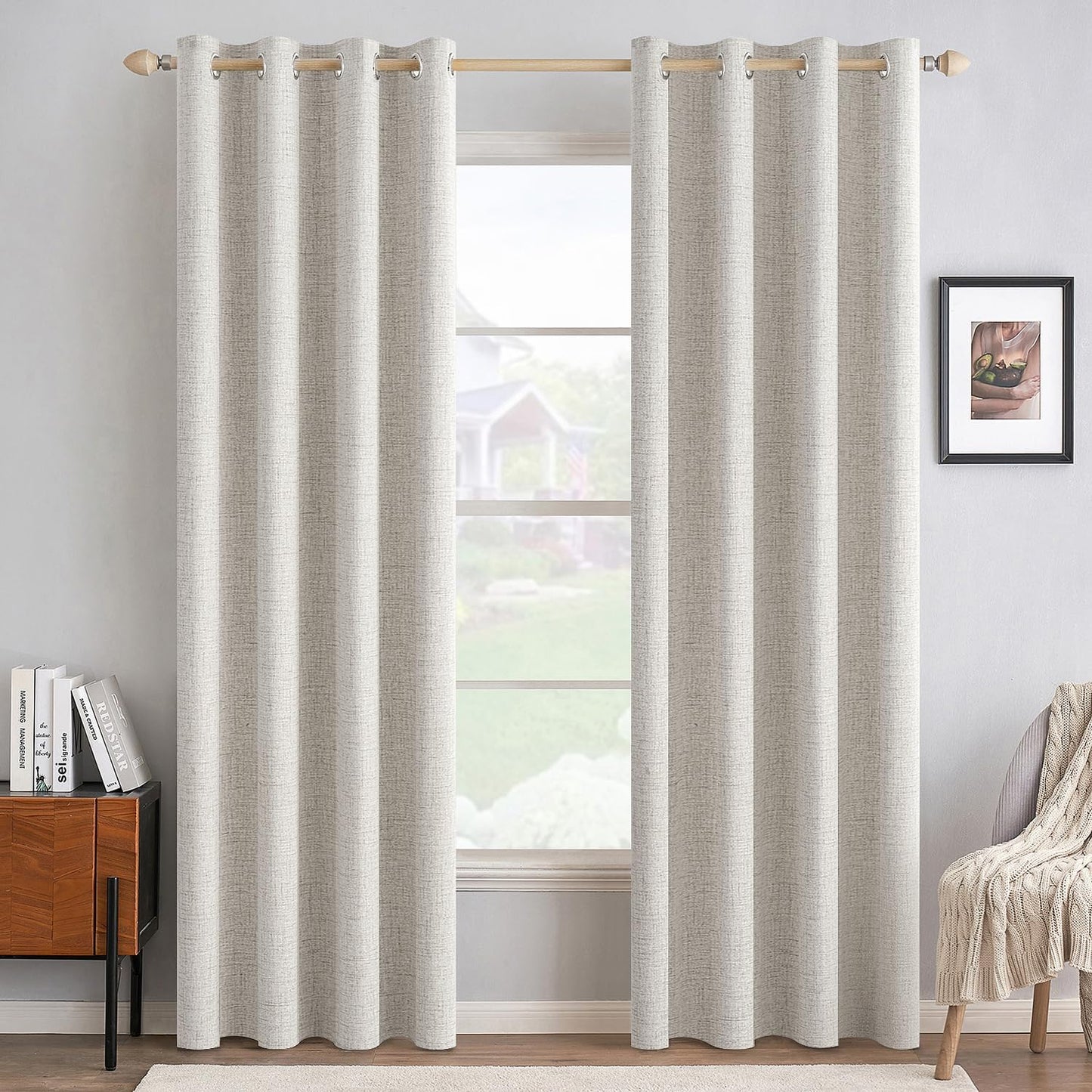 MIULEE 100% Blackout Linen Textured Curtains - Solid Thermal Insulated Cream White | Luxury Room Darkening Drapes 52 x 84 Inch (2 Panels)