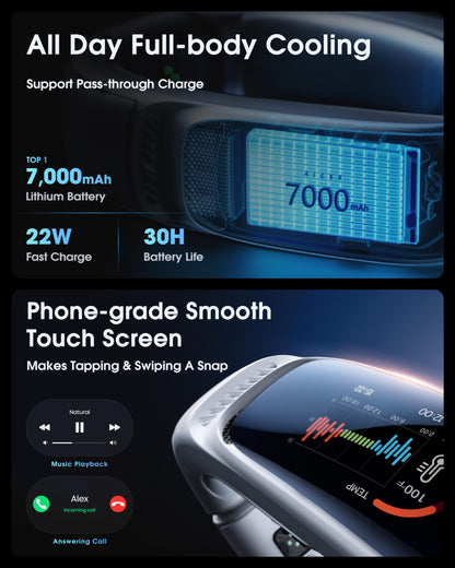 RANVOO No.1 AI Cooling A/C AICE 3 AI Neck Air Conditioner 7000mAh 30H [Full-body Cooling] [Health Monitor] Personal Neck Fan Cooler Rechargeable Wearable Music Call Gift [No Stand Version], Ice White