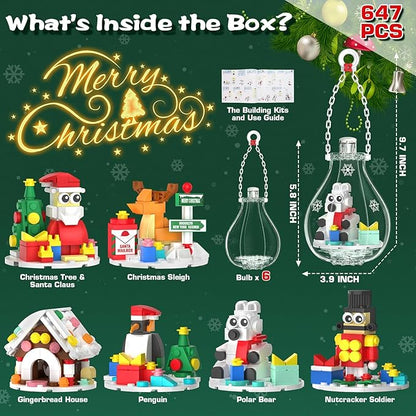 2025 Light-Up Christmas Ornament Building Kit — 647 PCS Holiday Building Blocks Set for Kids and Adults Featuring Gingerbread House Santa Reindeer Polar Bear Nutcracker Soldier &amp Penguin