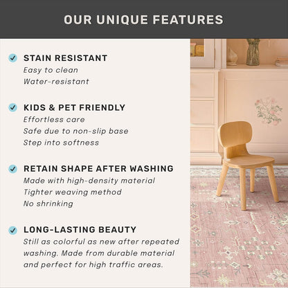 Regine Switzerland Blush Pink Girls Rug - Floral Area Rug 5x7, Machine Washable Non-Slip Play Mat