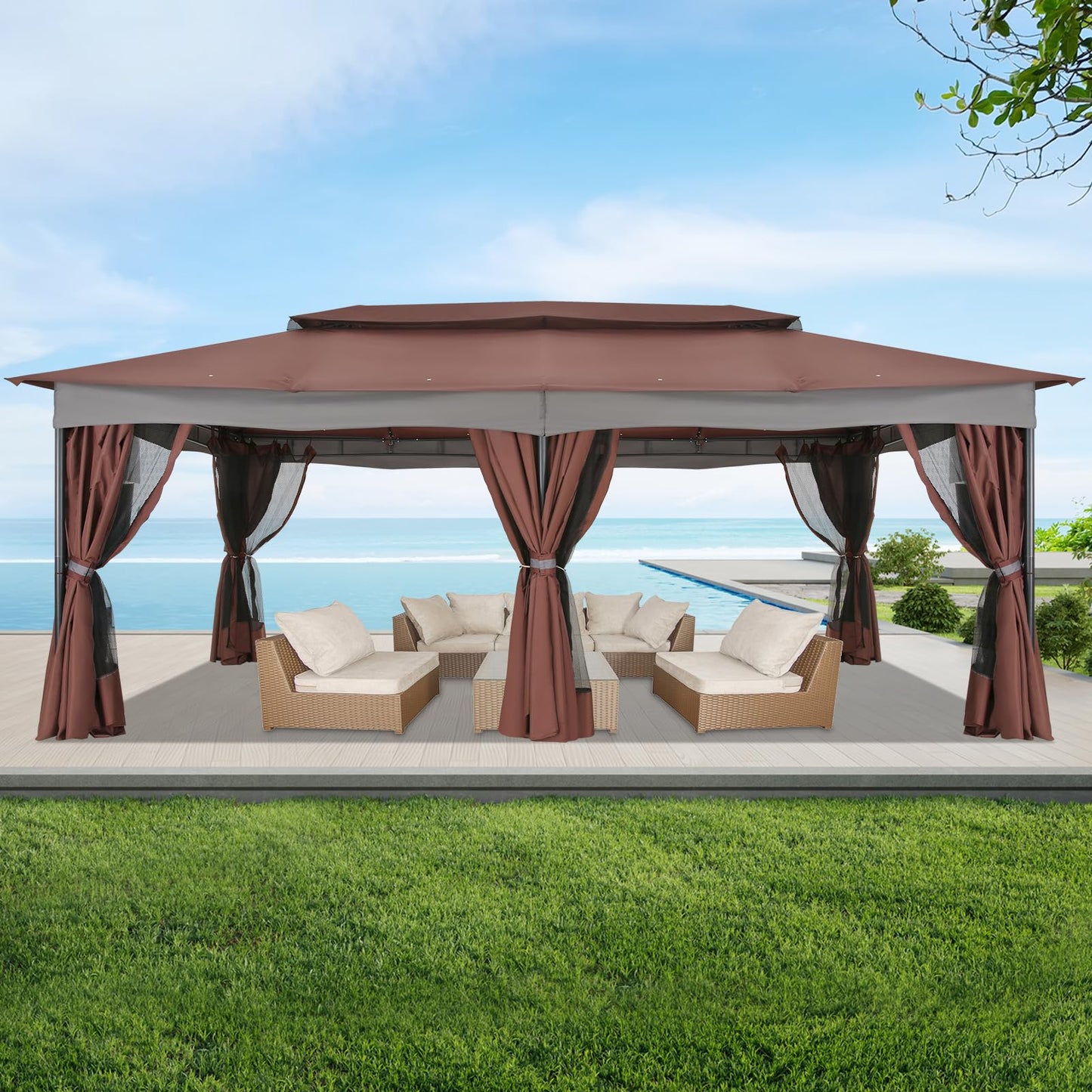 HOTEEL Gazebo 12x20, Outdoor Gazebo on Clearance with Double Ventilated Arc Roof, Privacy Curtains & Mosquito Netting, Easy Set up Canopy Tent with Stable Metal Frame for Patio Gazebo, Brown