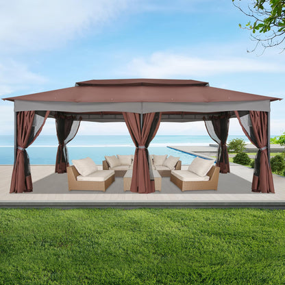 HOTEEL Gazebo 12x20, Outdoor Gazebo on Clearance with Double Ventilated Arc Roof, Privacy Curtains & Mosquito Netting, Easy Set up Canopy Tent with Stable Metal Frame for Patio Gazebo, Brown