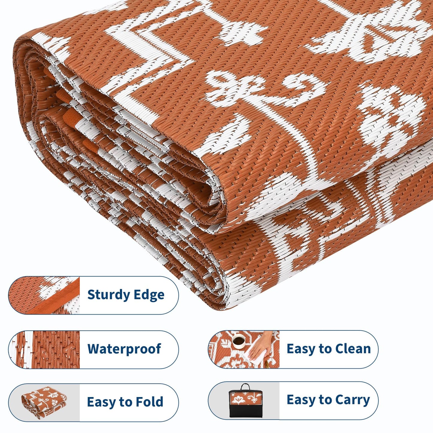 GlowSol Large 9x18 Outdoor Rug for Patios Waterproof Clearance Reversible Patio Mat Plastic Straw Rug RV Camping Mat Outside Carpet for Camping RV,Porch,Deck,Balcony,Camper,Backyard,Beach,Orange