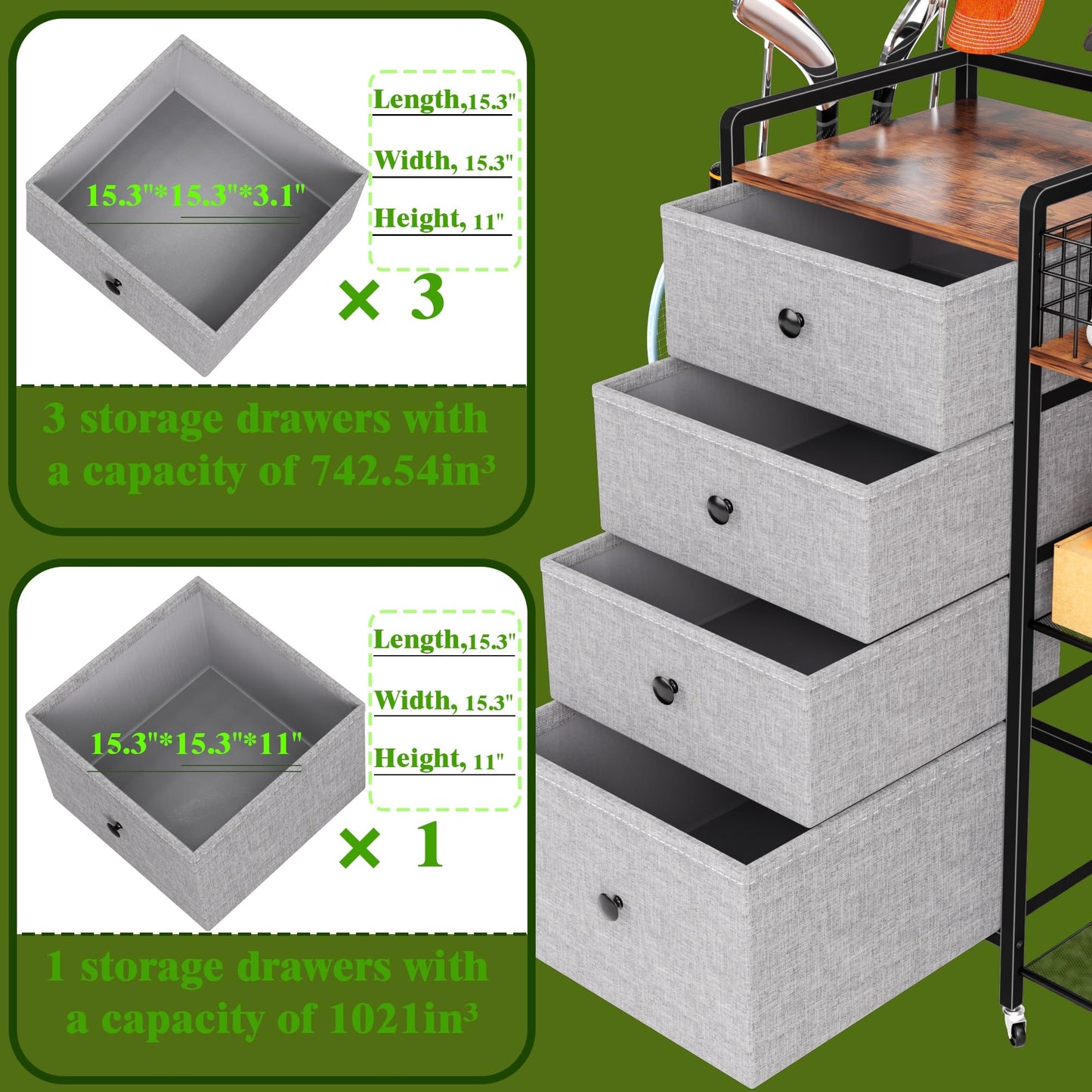 DALEMHOME Golf Bag Storage Rack for Garage, Extra Large 70.07" Golf Organizer Fits 3 Golf Bags, Heavy Duty Metal Golf Equipment Storage Stand with 4 Drawers, Side Basket and Lockable Casters