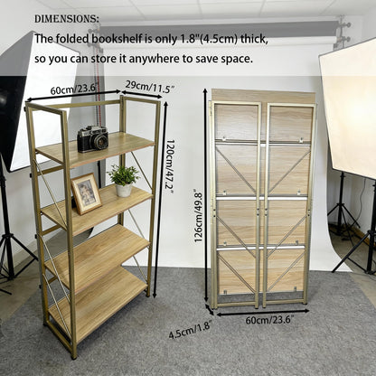 Kogven Folding Bookshelf, 2-in-1 Convertible Design, Multifunctional Plant Stand Storage Rack Shelves for Home Office, Easy Assembly, 4-Tier,Gold & Nature Wood