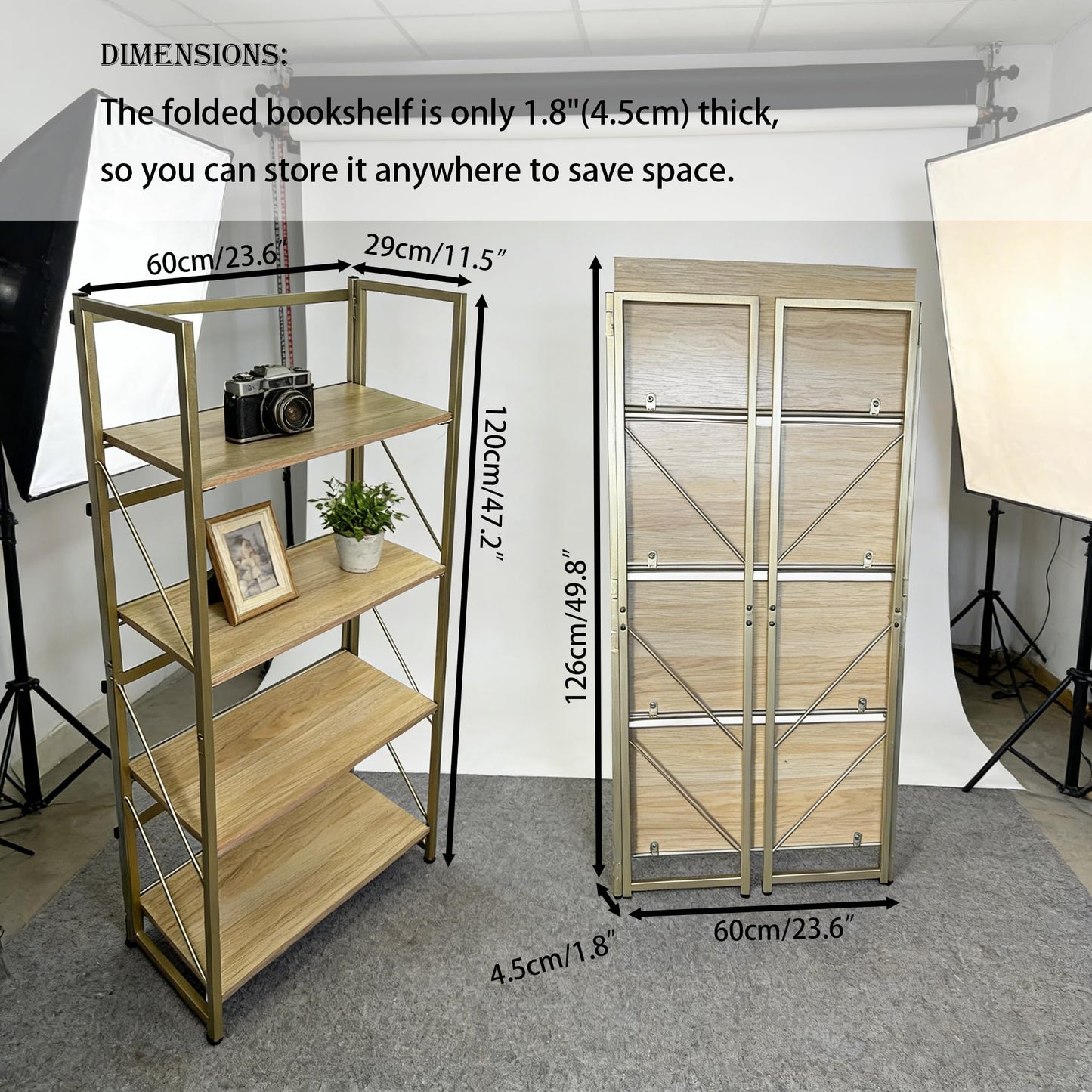 Kogven Folding Bookshelf, 2-in-1 Convertible Design, Multifunctional Plant Stand Storage Rack Shelves for Home Office, Easy Assembly, 4-Tier,Gold & Nature Wood