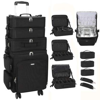 Relavel Rolling Makeup Case, 4 in 1 Hairstylist Traveling Bag Cosmetology Case on Wheels Large Hair Tools Cosmetics Train Case Makeup Artist Storage Organizer Trolley Suitcase with 360° Swivel Wheels