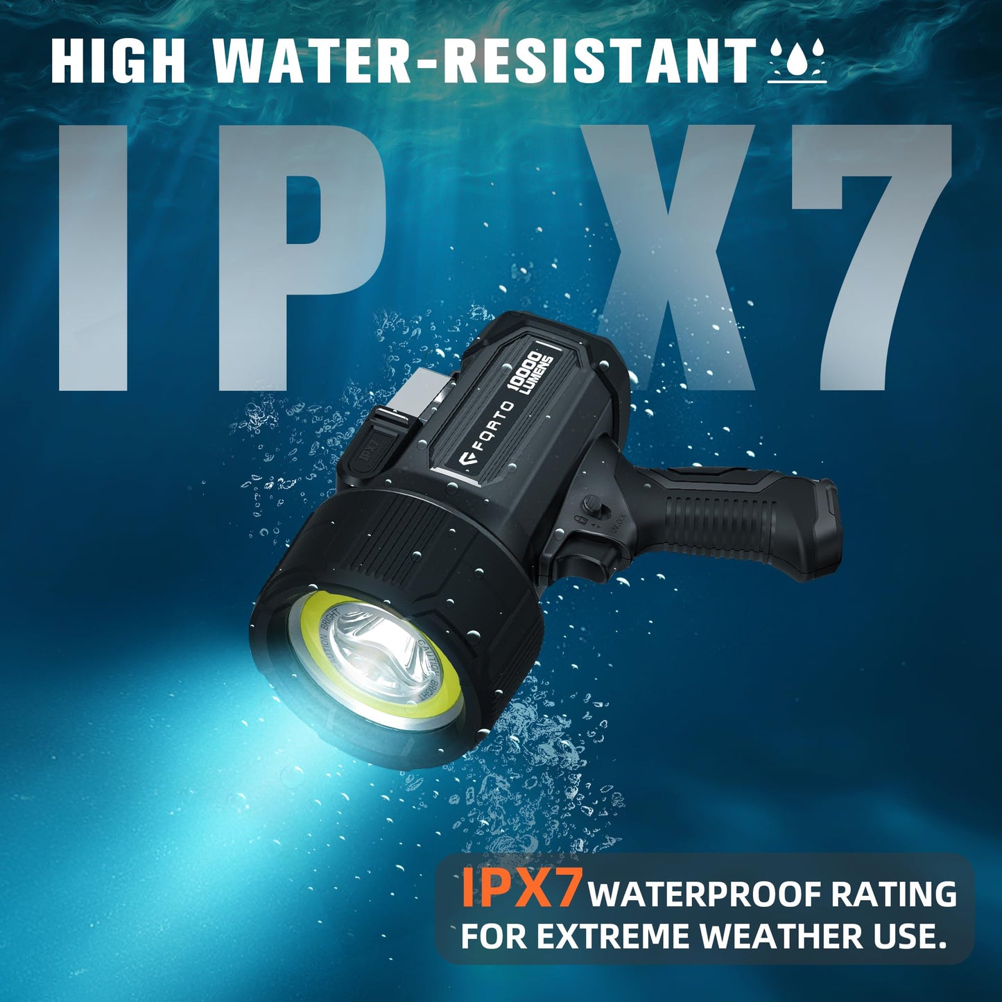 FORTO Rechargeable Spotlight 10,000 Lumen Ultra Bright IPX7 Waterproof Flashlight, Boat Spotlight with EVA Carrying Case Tripod, 7 Light Modes Handheld Spotlight Flashlight for Marine Boat Hunting