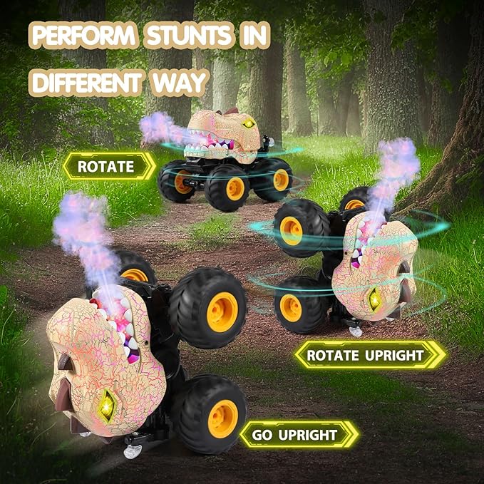 DYODYORC Remote Control Car 2.4Ghz All Terrain Dinosaur Monster Truck Toys RC Truck with Spay Music 3 Lighting Effects Stunt Capable Toy Gifts for Boys and Girls (Beige)