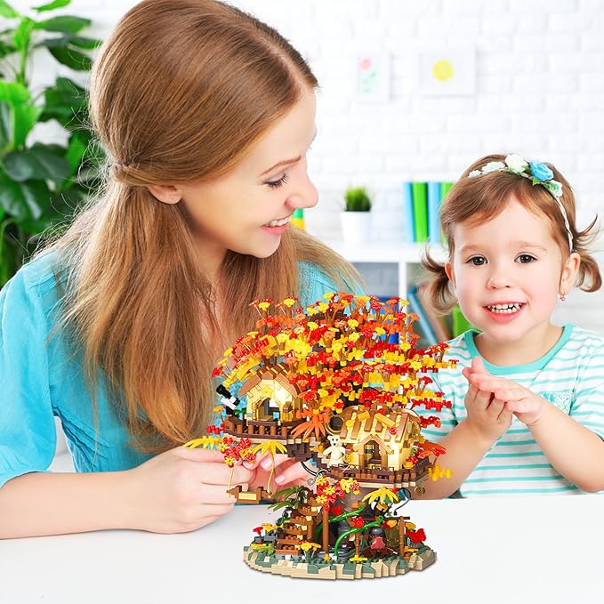 Cherry Blossom Bonsai Tree House Building Blocks Set with Acrylic Display Box Plants Flowers Treehouse Architecture Micro Mini Block Kits Gift for Adults（2725 Pieces
