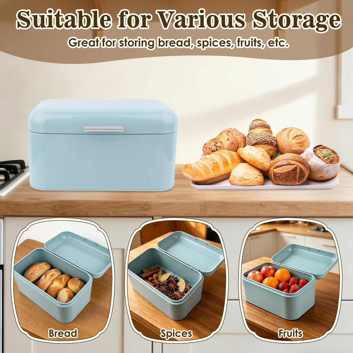 Buachois Large Bread Box,Iron Bread Box with Lid,Metal Bread Storage Bin,Bread Keeper Container,Bread Containers Storage,Modern Solid Color Retro Style,for Kitchen Counter (B)