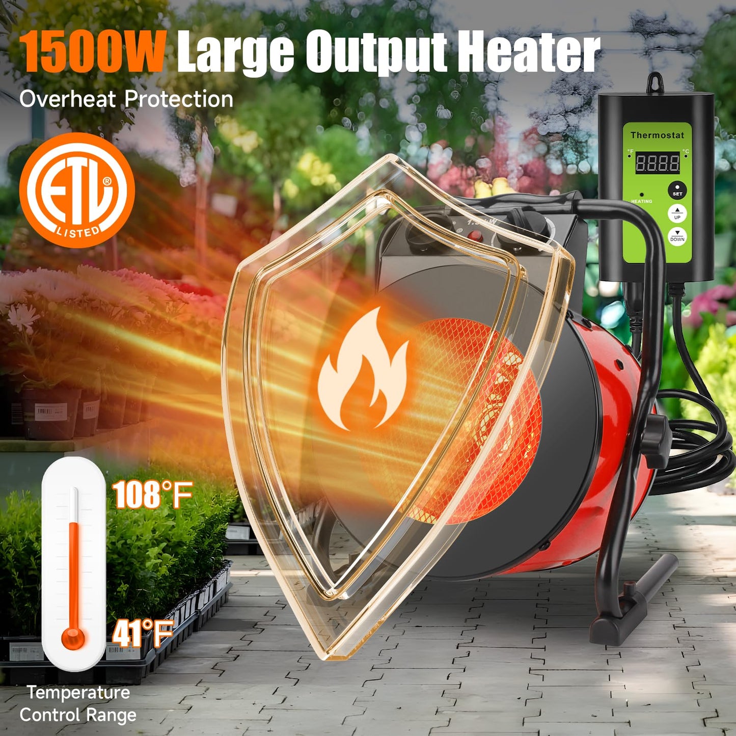 Greenhouse Heater with Thermostat, Outdoor Heaters for Patio, Fast Heating, Overheat Protection, Electric Space Heaters for Winter Plants, Grow Tent, Green House, Flower Room, Garage, Patio