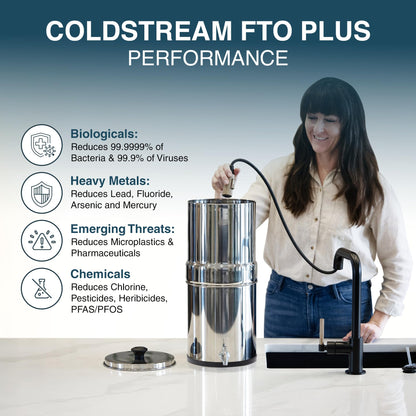 Armour Water Filter System - Stainless Steel Countertop Gravity Water Filter Dispenser with 2 Coldstream FTO Filters for PFAS, Fluoride, Lead, Bacteria - NSF Certified Water Dispenser