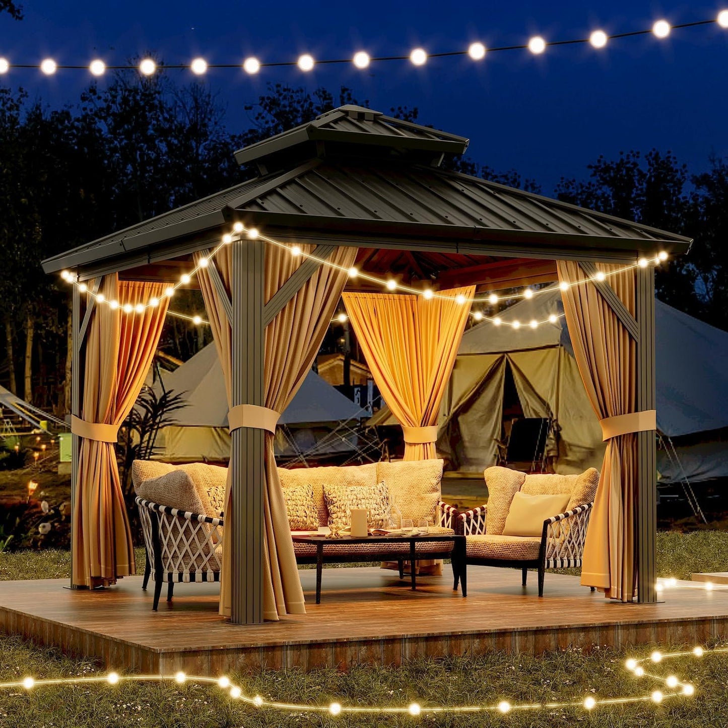 10x10 ft Hardtop Gazebo with Galvanized Steel Double Roof, Heavy Duty Galvanised Steel Hardtop Pavilion with Nettings and Curtains for Party, Wedding, Outdoor Dining, Patio, Backyard