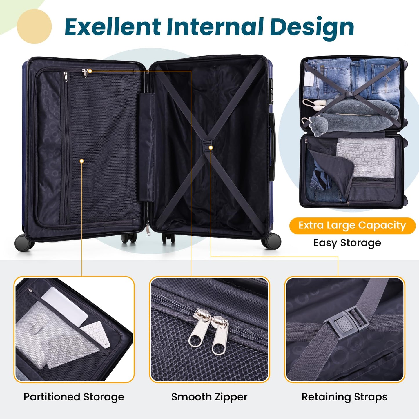 HOTEEL 5 Piece Luggage Set (4-YEAR WARRANTY) ABS+PC Hardshell Carry on Suitcase with Spinner Wheels & TSA Lock for Men Women, Rolling Suit Case for Plane, Travel, Business, Royal Blue (20/24/28/DB/TB)