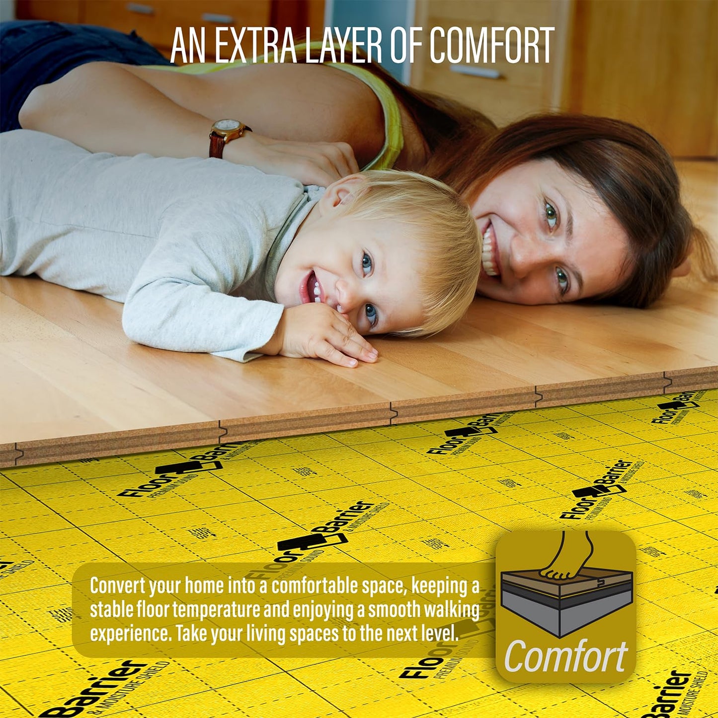 Premium Floor Underlayment with Moisture Barrier – 200 sq ft Roll, 3mm Thick – Quiets Foot Traffic Noise, Under Floor Insulation for Hardwood, Laminate, & Vinyl Plank Flooring (2 Pack)