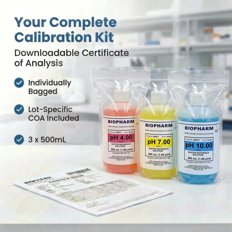 pH Buffer Calibration Solution 3-Pack: pH 4.00, pH 7.00, pH 10.00 Buffers — 500 mL (1.06 Pint) Each — Color Coded — NIST Traceable for All pH Meters