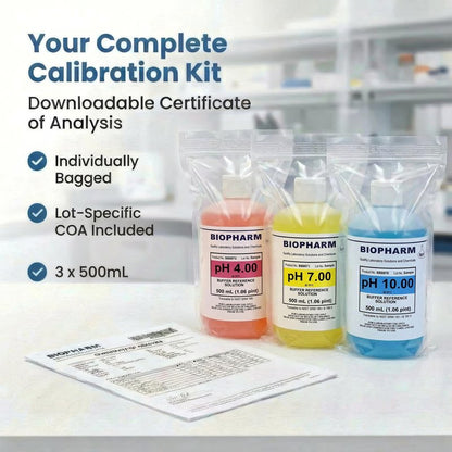 pH Buffer Calibration Solution Kit 3-Pack: pH 4.00, pH 7.00, pH 10.00 Buffers — 250 ml (8.4 fl oz) Each — Color Coded — NIST Traceable for All pH Meters