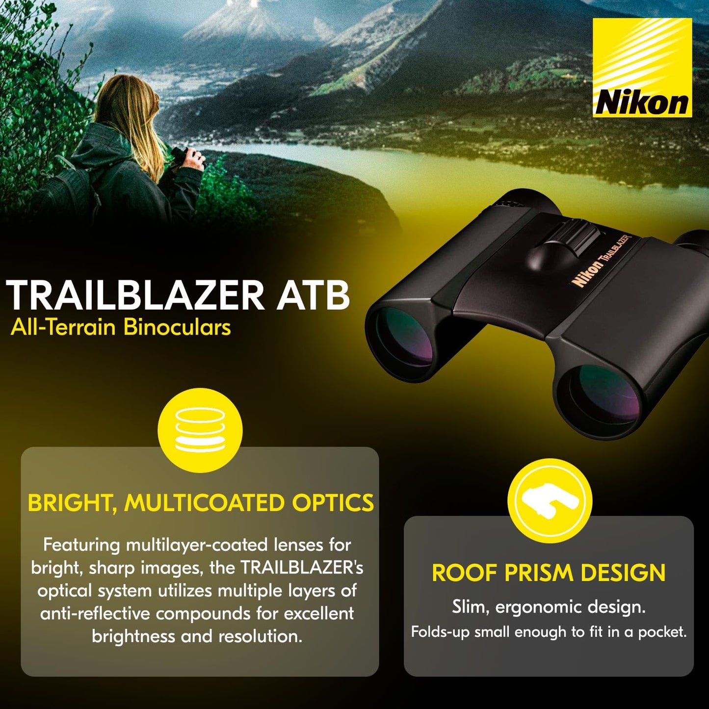 Nikon Trailblazer 10x25mm Binoculars - Compact, Waterproof & Fogproof, Bright Multilayer-Coated Optics, Roof Prism - All-Terrain Outdoor Wildlife Viewing & Birdwatching Binoculars (8218)