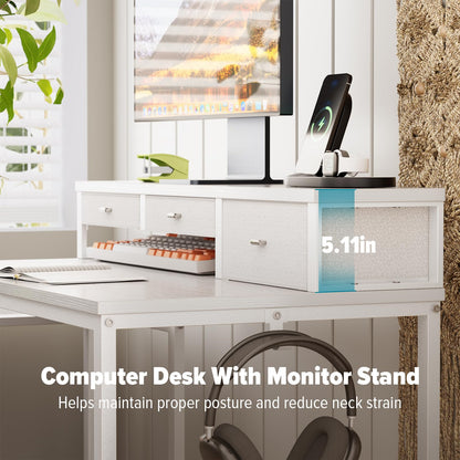 SINPAID 47 inch Computer Desk with Printer Shelf, Gaming Desk with Monitor Stand and Drawers, Reversible Home Office Desk with Storage Shelves and 2 Hooks, Home Workstation for Study Writing, White