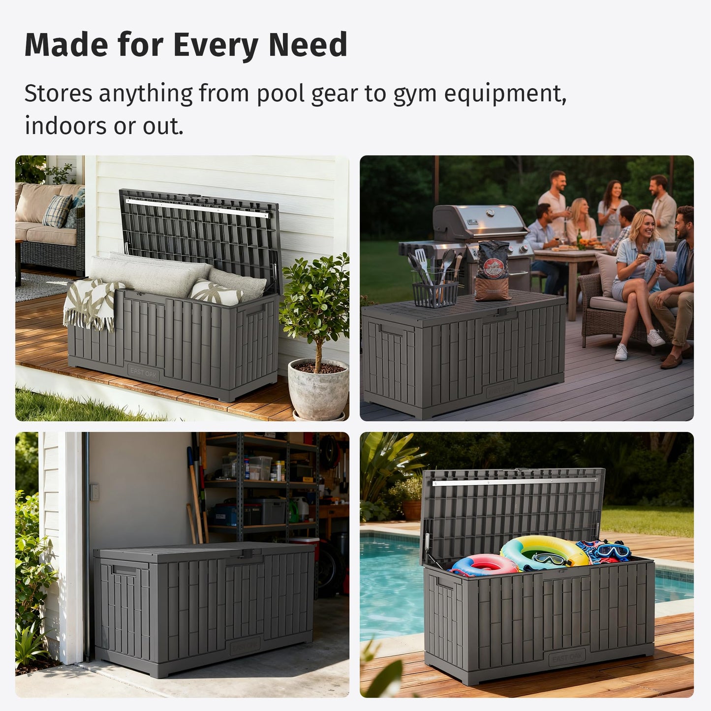 EAST OAK 120 Gallon Outdoor Storage Box, Large Resin Deck Box with Reinforced Stainless Steel Support, Waterproof & UV-Resistant Patio Storage Boxes for Cushions, Garden Tools & Pool Accessories, Grey
