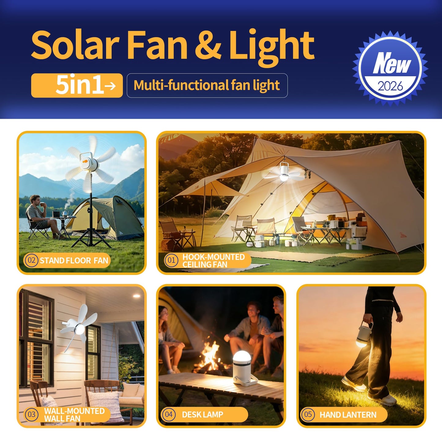 ASZEKOK Solar Ceiling Fan with Light, 21600mAh Rechargeable Battery, 23W Foldable Solar Panel, DC Brushless Quiet Fan, 3 Installation Ways, for Gazebo, Patio, Camping Tent, Garage, RV, Emergency Use