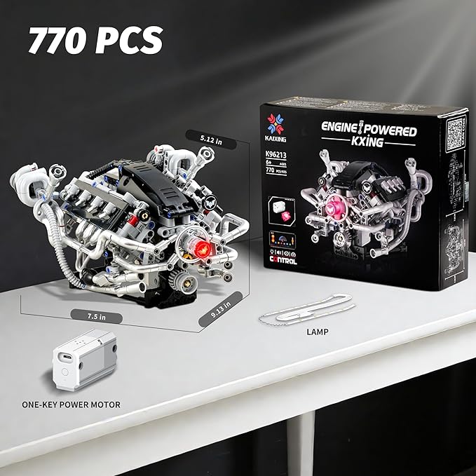 V8 Engine Model Kit that RunsVisible Building Toys with APP Control Motor &amp LED Light Mini Engine kit for Adults &amp Boys Kids 14+ Years Old (770PCS)