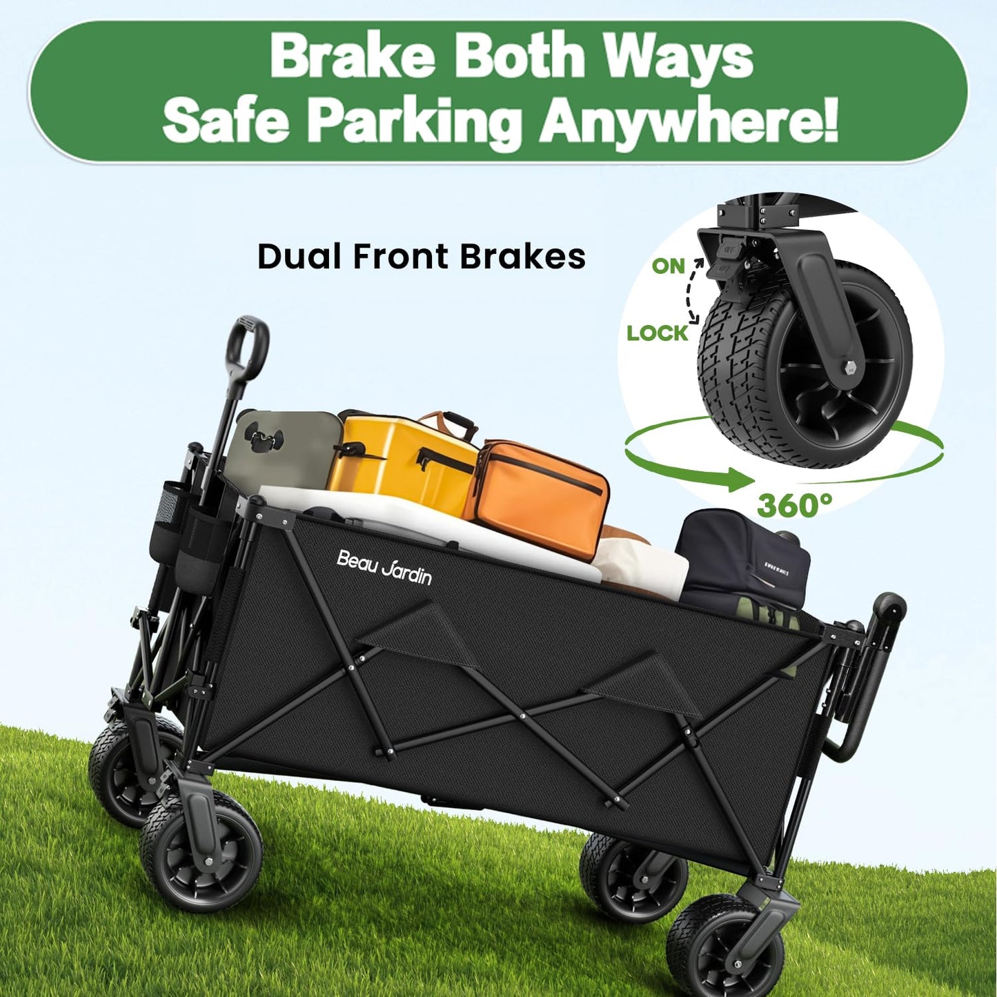 BEAU JARDIN Folding Push & Pull Beach Wagon 500 lbs Collapsible Foldable Wagons with Push Handle All Terrain Wheels Grocery Utility Camping Skiing Ice Fishing Sports Garden Wagon Cart Black