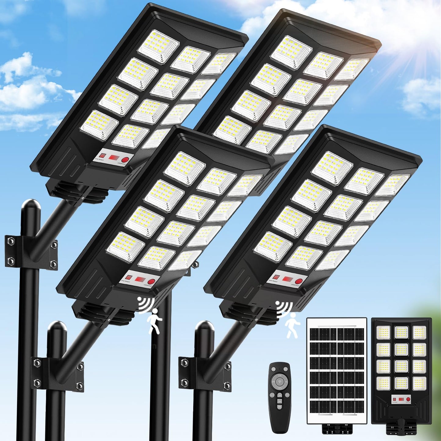 Brightever 4-Pack Solar Street Light Outdoor Waterproof, Motion Sensor Solar Powered Light, Dusk to Dawn LED Solar Parking Lot Flood Light for Outside, Yard, Garden, Path