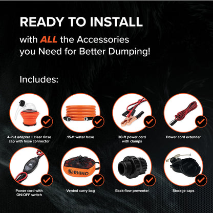 Camco Rhino Camper/RV Sewage Macerator Pump Kit - Features Run Dry Protection and High Temp Protection - Compatible w/4”, 3.5” & 3” Sewer Outlets - Designed w/Self-Priming 12 Volt DC Motor (39040)