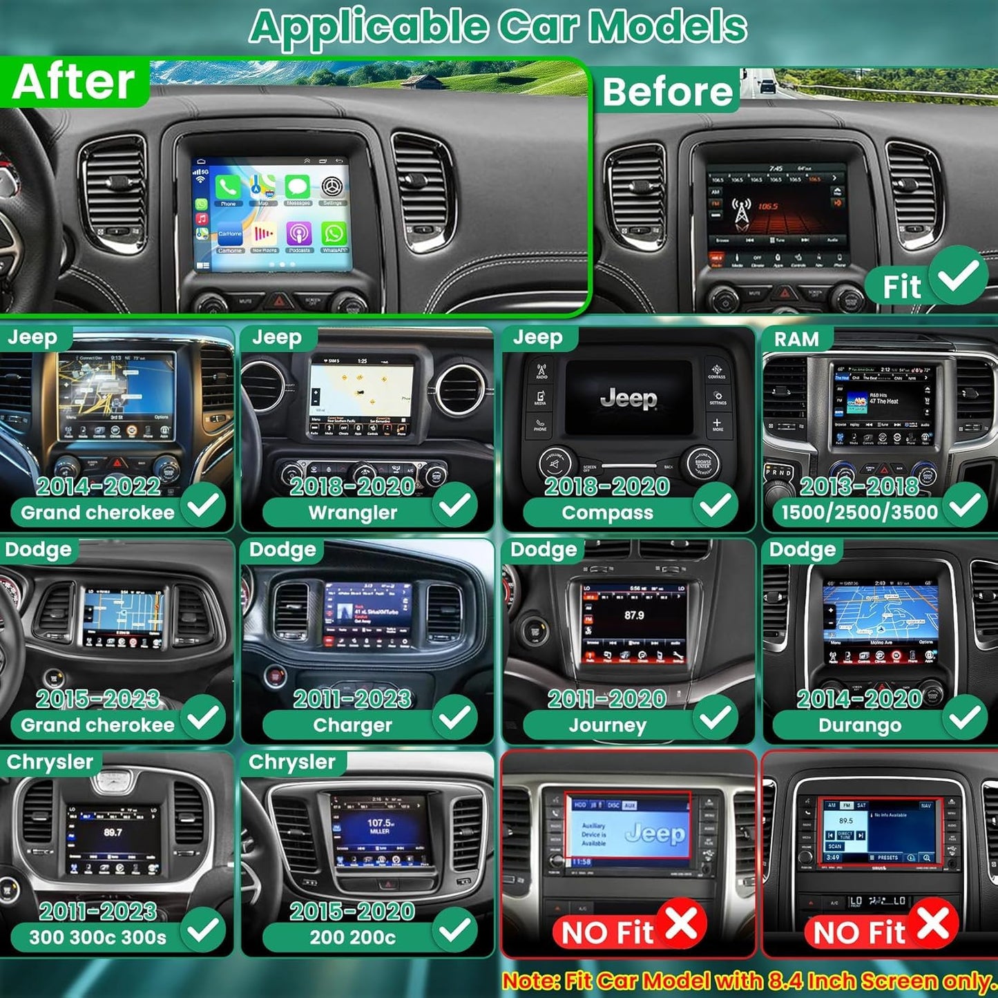 4+64 Android Radio for Jeep Grand Cherokee Radio 2014-2021, for Dodge RAM 1500/2500/3500 2013-2018, for Dodge Challenger Charger Radio 2015-2023, Car Stereo, Wireless Carplay, GPS Navigation
